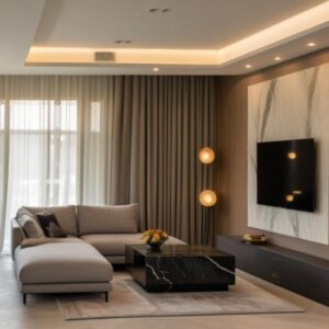 Część dzienna domu jednorodzinnego w tonacji kolorów ziemi