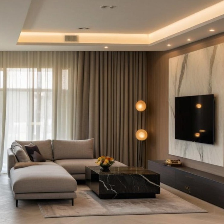 Część dzienna domu jednorodzinnego w tonacji kolorów ziemi