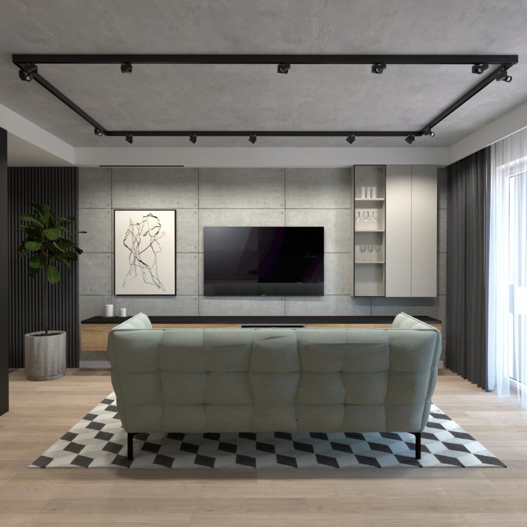 Salon z aneksem kuchennym w mieszkaniu 54 mkw