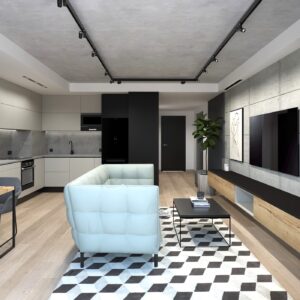 Salon z aneksem kuchennym w mieszkaniu 54 mkw