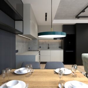 Salon z aneksem kuchennym w mieszkaniu 54 mkw