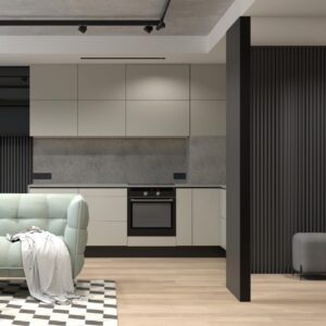 Salon z aneksem kuchennym w mieszkaniu 54 mkw