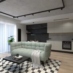 Salon z aneksem kuchennym w mieszkaniu 54 mkw